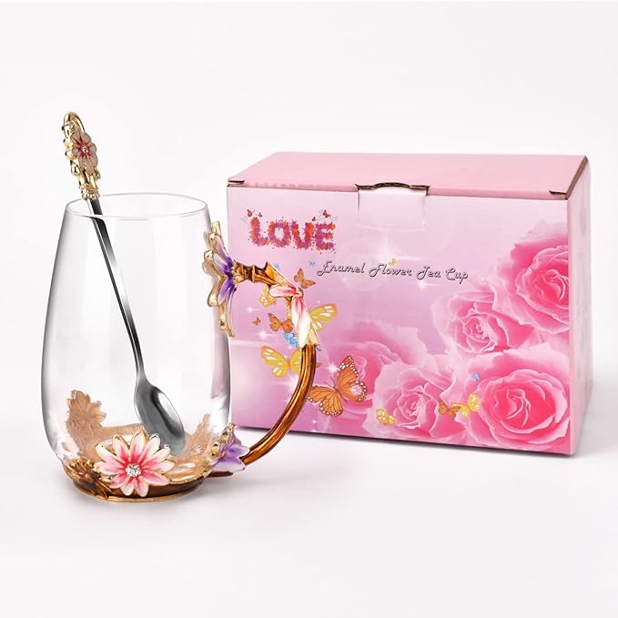 OEAGO Purple Gifts for Women Mom Mothers Day Glass Coffee Enamels Mug Best Birthday Flower Gifts for Her from Daughter Son Lead-Free Christmas Tea Cup with Spoon Set