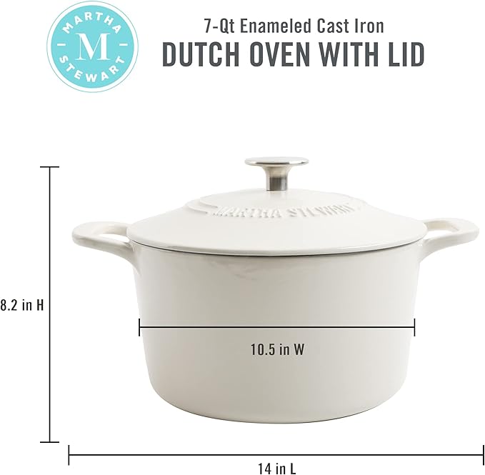 MARTHA STEWART Gatwick 7-Quart Enamel Cast Iron Dutch Oven – Linen Color with Silver Knob – Durable Heavy-Duty Dutch Oven for Slow Cooking and Braising