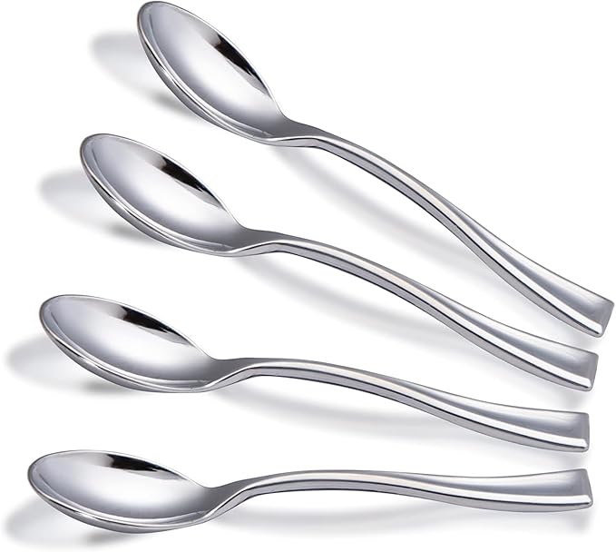 WDF 300 Pieces Plastic Silver Mini Spoons - 4 Inches Silver Plastic Tasting Spoons for Desserts, Heavy Duty Disposable Spoons Perfect for Coffee, Cake, Desserts, Appetizers for Christmas Wedding/Party