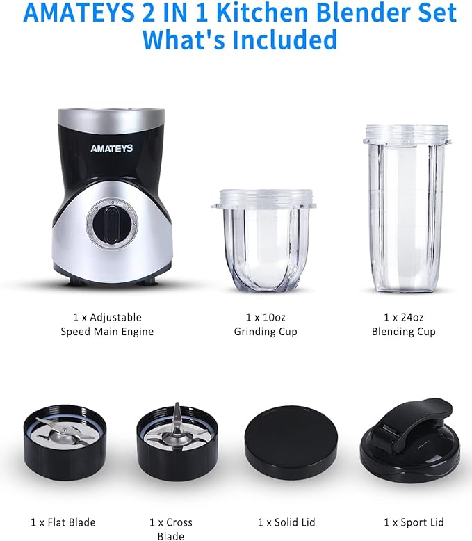 Personal Blender for Shakes and Smoothies,Professional Kitchenblender with Blending & Grinding Blades, Portable Coffee Grinder with 24/10 OZ Travel Bottles, Adjustable Speeds Juice Blender
