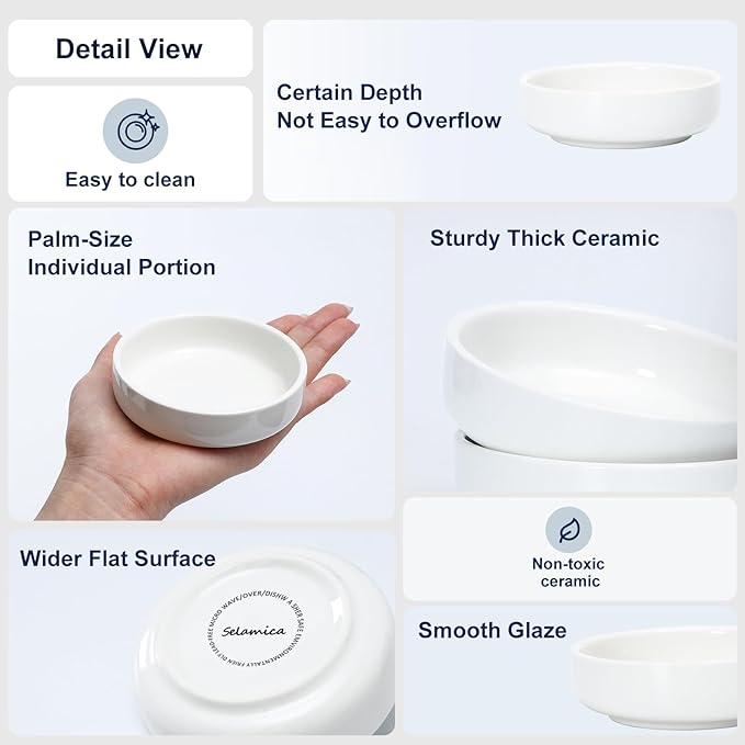 Selamica Soy Sauce Dish, 2.5 oz Ceramic Dipping Bowls Set of 12, 3.3 Inch Pinch Bowls for Side Dish, Condiment, Ketchup, Sushi, BBQ, White