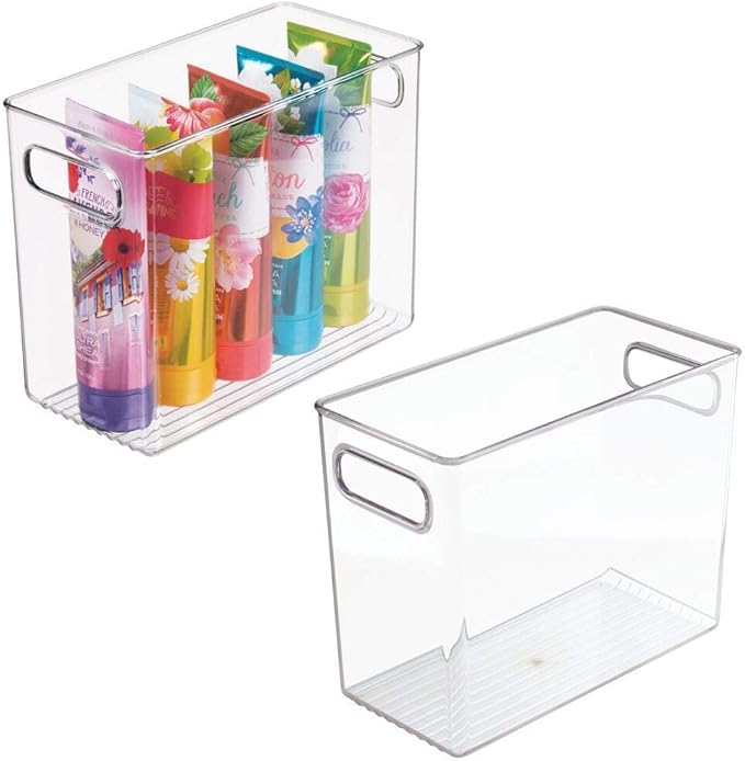mDesign Slim Plastic Storage Container Bin with Handles - Bathroom Cabinet Organizer for Toiletries, Makeup, Shampoo, Conditioner, Face Scrubbers, Loofahs, Bath Salts - 5" Wide, 2 Pack - Clear