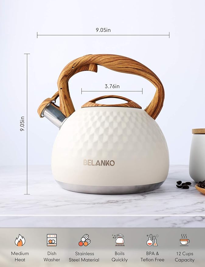 BELANKO 2.7 Quart Tea Kettle for Stovetop - Food Grade Stainless Steel with Diamond Texture, Designer Teapot Look, Cool-Touch Wood Pattern Handle, Whistling Spout - Milk White