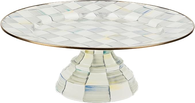MACKENZIE-CHILDS Enamel Pedestal Platter, Round Cake Stand, Large, Gray-and-White Sterling Check