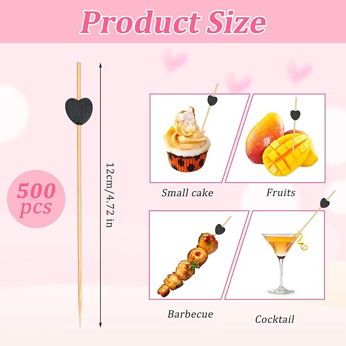 500 Pieces Black Heart Toothpicks 4.7 Inch Fancy Bamboo Cocktail Picks for Frozen Appetizers Long Fruit Charcuterie Drink Sticks Wedding Party Valentines Day Decoration Party Supplies