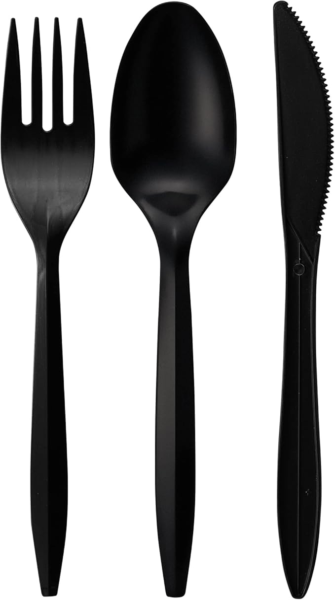 1,000 Plastic Disposable Cutlery Bulk Variety Pack Black Medium Weight Includes 334 forks, 333 knives, 333 soup spoons, Disposable Silverware Plastic Cutlery