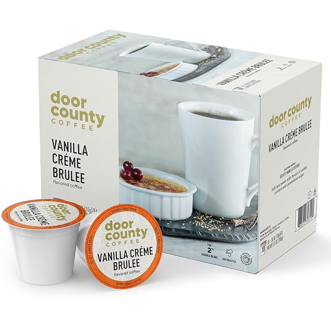 Door County Coffee - Vanilla Creme Brulee - Vanilla and Cream Flavored Ground Coffee - Medium Roast - Single Serve Cups – 10 Count