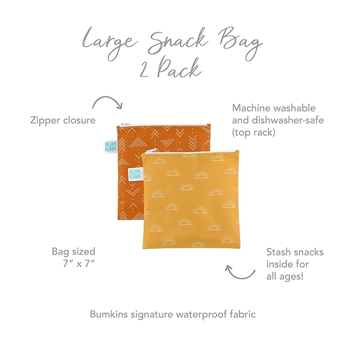 Bumkins Reusable Sandwich and Snack Bags, for Kids School Lunch and for Adults Portion, Washable Fabric, Waterproof Cloth Zip Bag, Travel Pouch, Food-Safe Storage, Large 2-pk Desert Boho