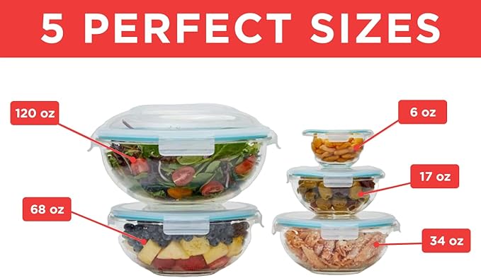 EatNeat 5‑Piece Glass Food Storage Bowl Set with Locking Lids – Airtight, Nesting, Stackable Bowls – Oven, Microwave Safe – Great Gift for Meal Prep, Salads, Leftovers, Baking & Cooking