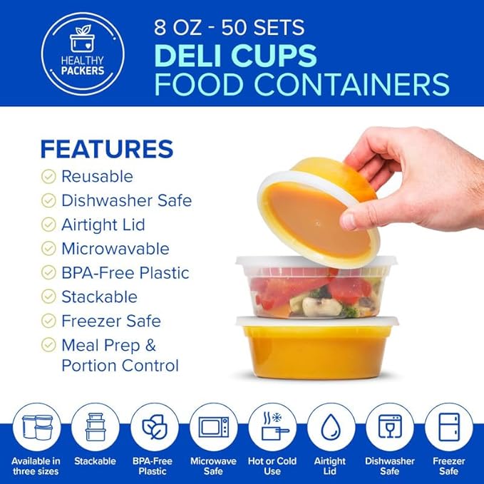 Healthy Packers Plastic Deli Containers with Lids (8oz 50 Sets) - Clear Plastic Containers with Airtight Lids - Great for Your Slime Kit, Food - BPA Free | Leakproof - Microwaveable & Freezer Safe