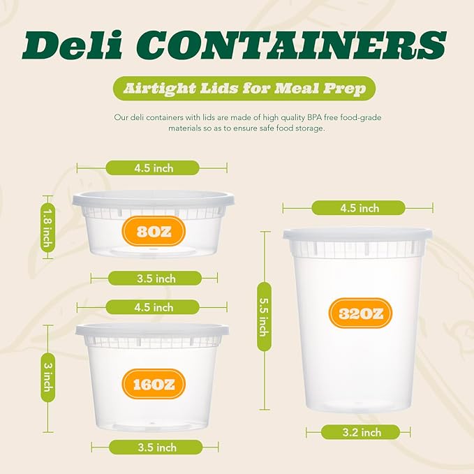 Glotoch 48 Pack (Mixed) 8 oz. and 16 oz. Plastic Containers with Lids, Leak Proof Deli Containers, Meal Prep Soup Containers, BPA Free, Reusable, Freezer Dishwasher Microwave Safe, Mixed sizes