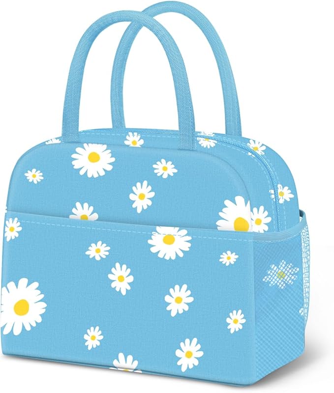 DALINDA Lunch Bag Lunch Box for Women Men Reusable Insulated Lunch Tote Bag,Food Handbags Case High Capacity for Travel Work Picnic,Sky Blue Daisy