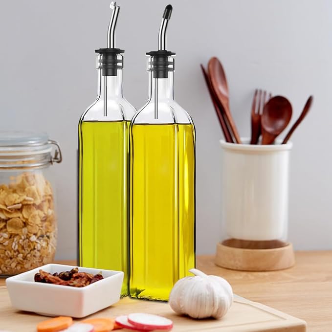 Olive Oil Dispenser Bottle, 2 Pcs Glass Olive Oil Dispenser and Vinegar Dispenser Set with 2 Stainless Steel Pourers, 4 Labels,1 Brush and 1 Funnel Oil Bottles for Kitchen (500ml)