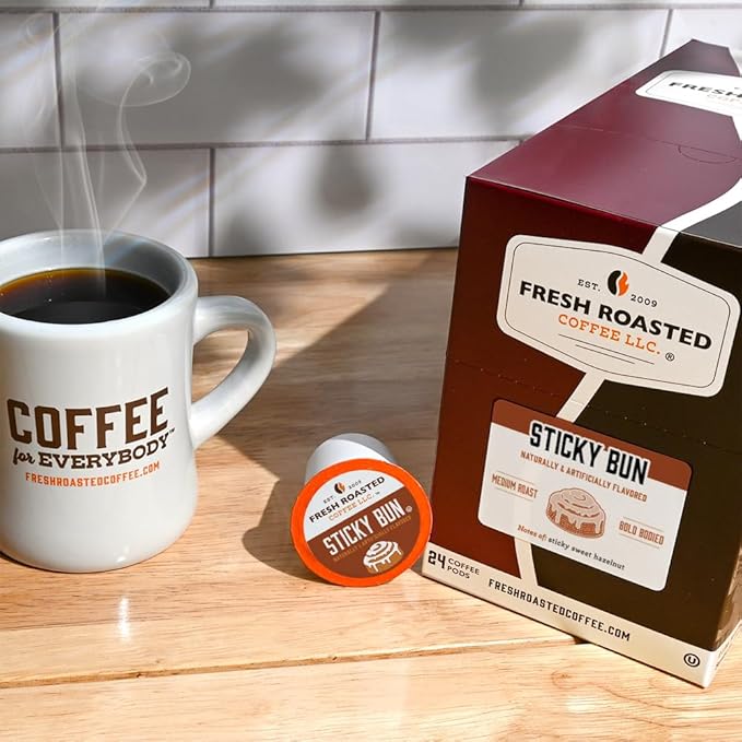 Fresh Roasted Coffee, Sticky Bun, Flavored Coffee Pods, K-Cup Compatible, 24 Count
