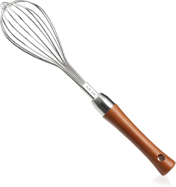 Stainless Steel Wire Whisk - Wooden Handle Kitchen Whisk - Balloon Whisk Egg Beater for Stirring Whisking Blending Mixing Egg Gravy Cake Batter Flour or Sauces.