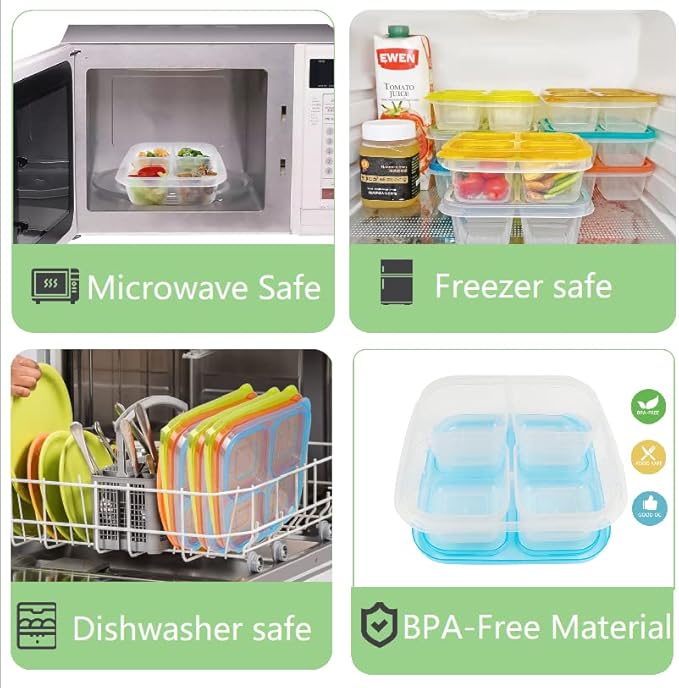 Finorder 3 Pack 4-Compartment Food Snack Containers For Kids Adults, Reusalble Lunchable Containers for School Office Picnic, Meal Prep Container Bento Box, Bright Color