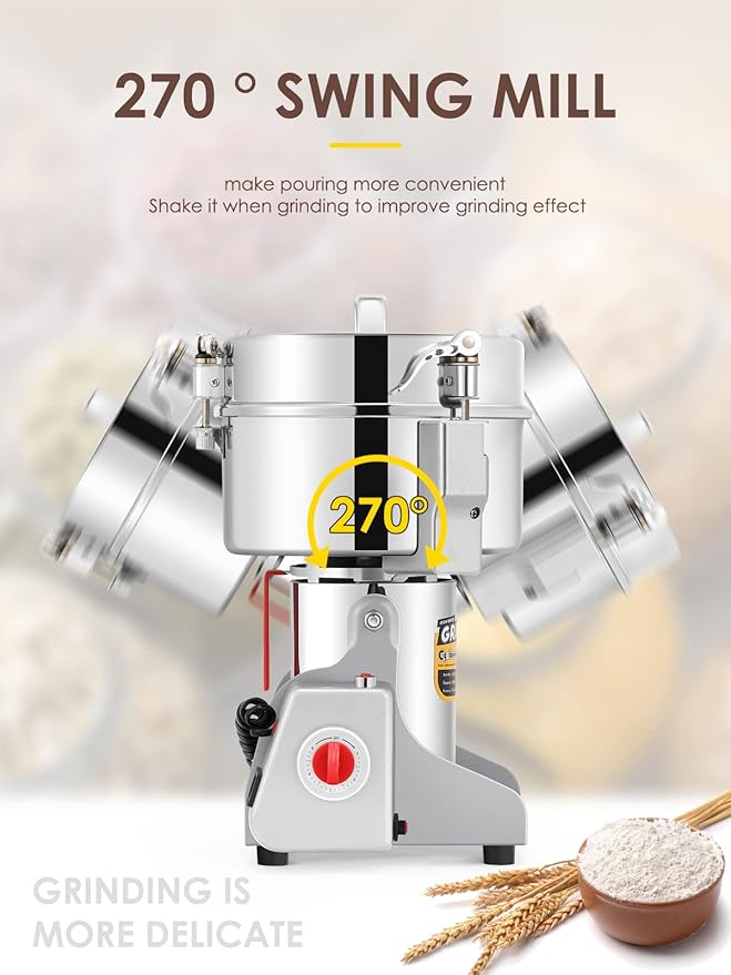 CGOLDENWALL 800g Electric Grain Grinder Mill Safety Upgraded 2400W High-speed Spice Herb Grinder Commercial Superfine Machine Dry Cereals Pulverizer CE 110V (800g Swing Type)