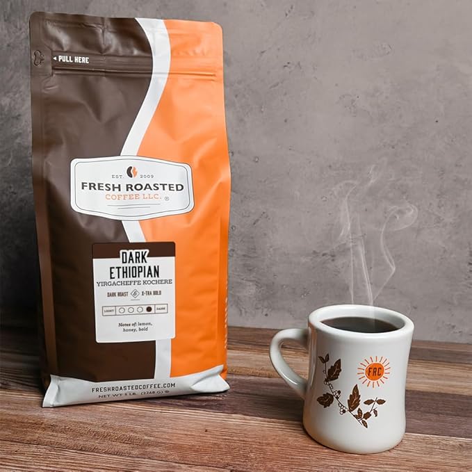 Fresh Roasted Coffee, Dark Ethiopian Yirgacheffe Kochere, 2 lb (32 oz), Dark Roast, Kosher, Whole Bean