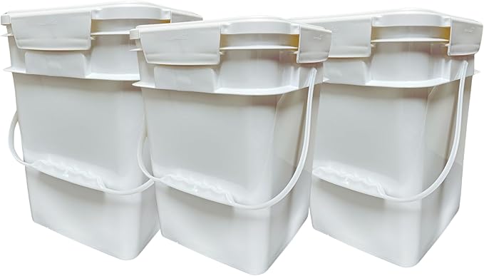 House Naturals 4 Gallon Square Food Grade Bucket Pail with Plastic Handles and Lid (Pack of 3) Made in USA containers (White)