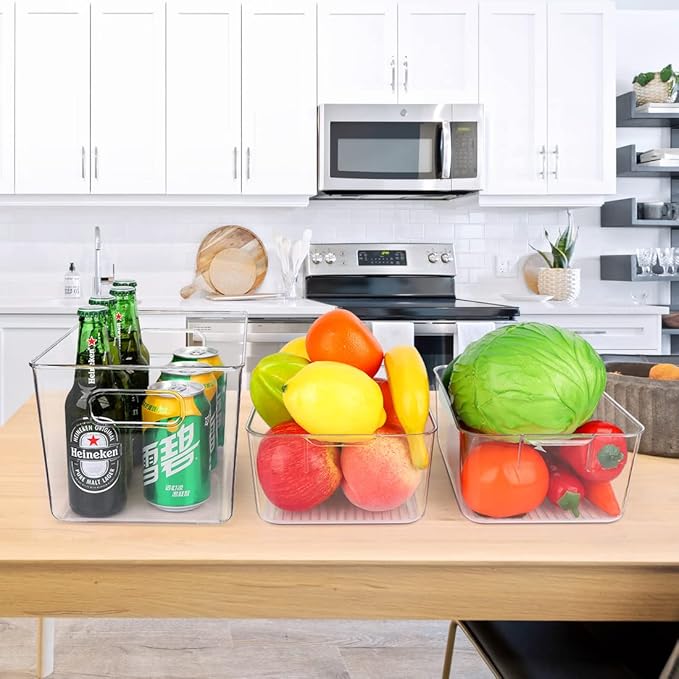 Set Of 10 Refrigerator Pantry Organizer Bins, Clear Plastic Food Storage Bins for Kitchen, Countertops, Cabinets, Fridge, Freezer, Bedrooms, Bathrooms, Fridge Organizer Bins Pantry Storage Containers