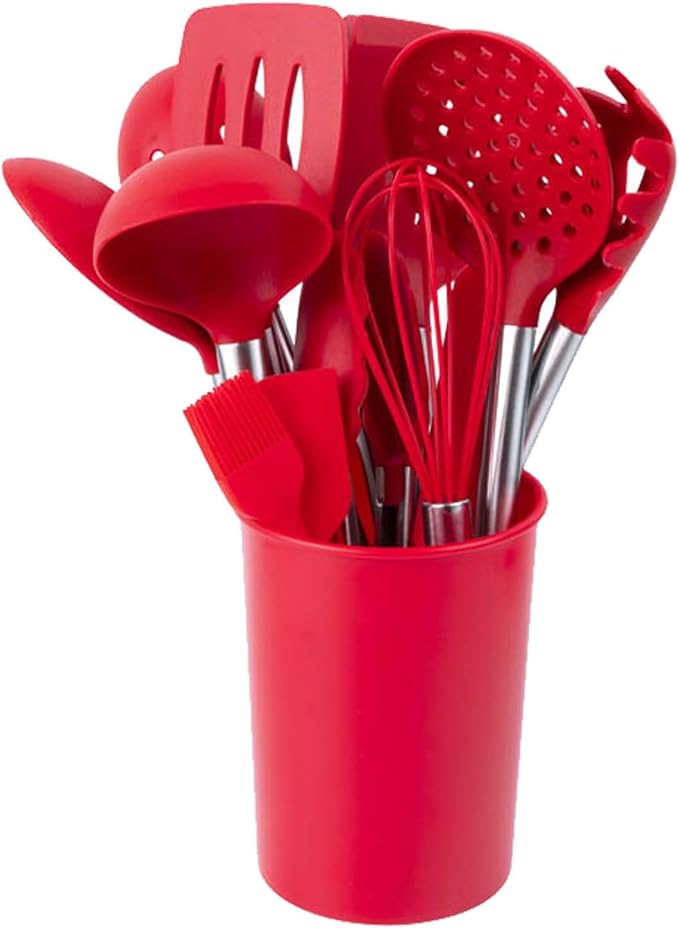 Silicone Kitchen Tools - Non - Stick, Anti - Slip, High - Temperature Resistant, Scald - Proof 14 - Piece Set with Stainless Steel Tube Handles & a Storage Bucket (Gray)