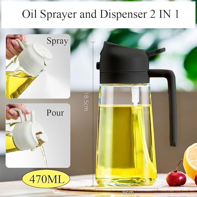 Olive Oil Sprayer Mister for Cooking,2 in 1 Olive Oil Dispenser Bottle for Kitchen,17oz Oil Sprayer for Cooking,Premium Glass Oil Mister Bottle for Air Fryer,Barbecue,Salad,Frying,BBQ (Black 1 Pack)