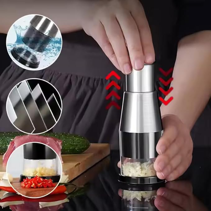 Pressed Garlic Chopper Stainless Steel,Easy to Chop, Garlic Grinder with Spring,Press Design,Garlic Chopper Mini for Onions, Garlic, and Pepper, Easy to Store and Clean