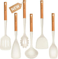 Large Silicone Kitchen Utensils Set, 6 PCS Nonstick Cooking Utensils Set with Wooden Handle, Heat Resistant and BPA Free Silicone Utensil Spatula Set for Cooking with Turner, Spoon and Ladle(White)