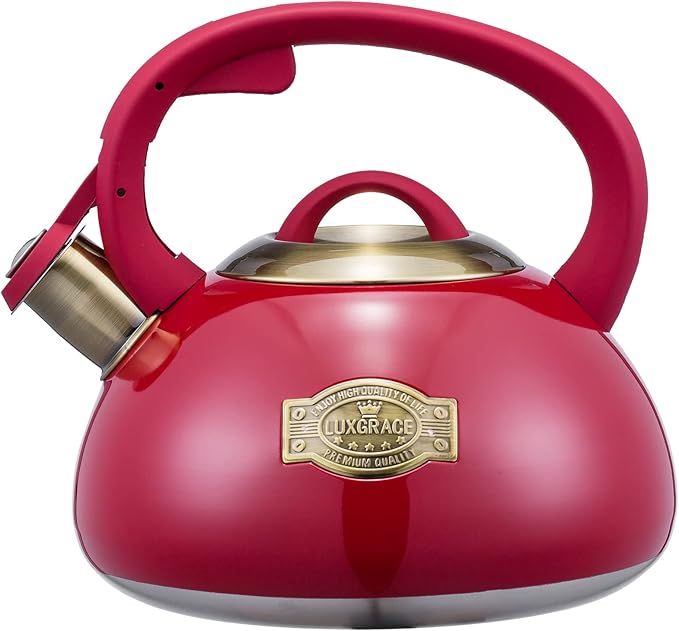 Whistling Tea Kettle Stainless Steel Teapot, Teakettle for Stovetop Induction Stove Top, Fast Boiling Heat Water Tea Pot 2.5 Quart(Red)