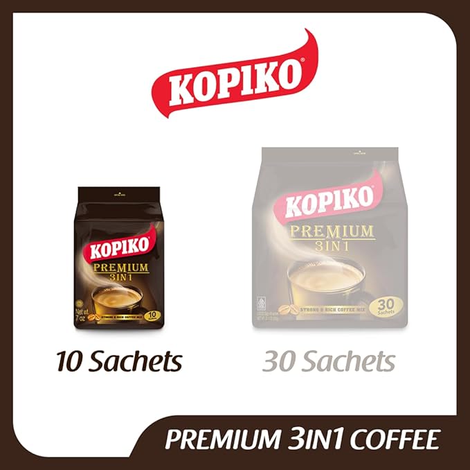 KOPIKO Premium 3 in 1 Instant Coffee Mix – Authentic Indonesian Volcanic Coffee, Strong Yet Smooth, Pre-Mixed with Creamer & Sugar (7.1 OZ in 10 Coffee Sachets)