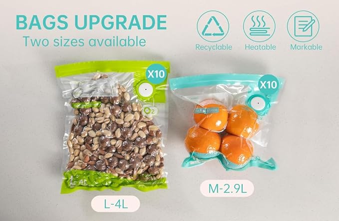 Vacuum Sealer Bags for Food, 20 PCS Reusable Sous Vide Bags BPA Free, Vacuum Zipper Bag with Universal Air Valve,2 Sizes Food Storage Bag for Meal Prep.