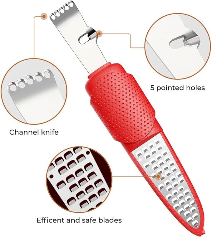 Pisol Lemon Citrus Orange Zester and Grater Tool, Cheese Grater & Vegetable Grater for Lime, Garlic, Ginger, Chocolate, Fruits, Dishwasher Safe, Red