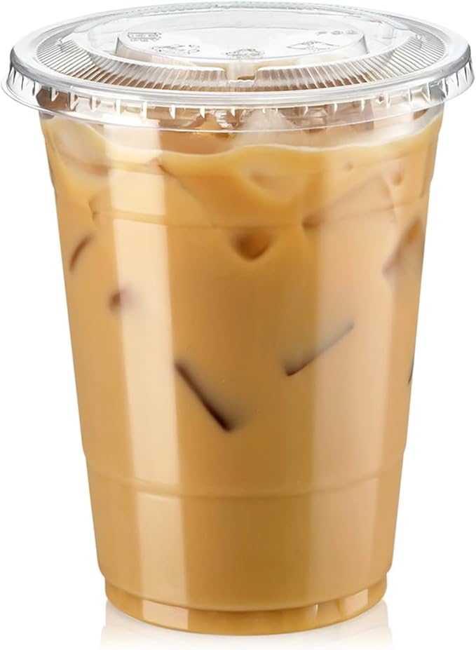 Fit Meal Prep 100 Pack 16 oz Clear Plastic Cups with Flat Lids, Disposable Iced Coffee Cups, BPA Free Premium Crystal Smoothie Cup for Party, Lemonade Stand, Cold Drinks, Juice, Milkshake