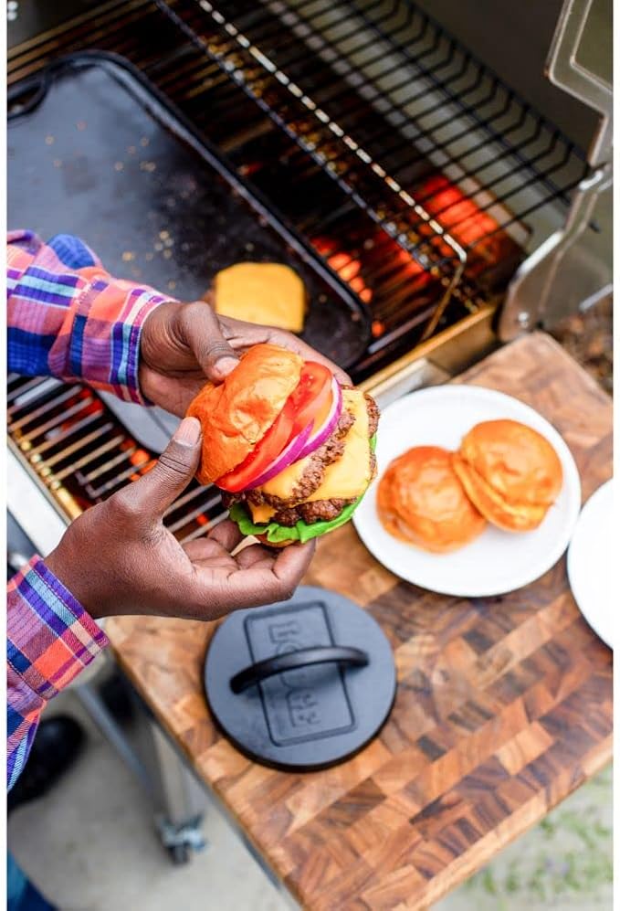 Lodge Pre-Seasoned Round Cast Iron Press - Cast Iron Griddle Press for a Restaurant-Quality Sear - Unparalleled Heat Retention - Use on the Stove or the Grill - 6.25 Inch