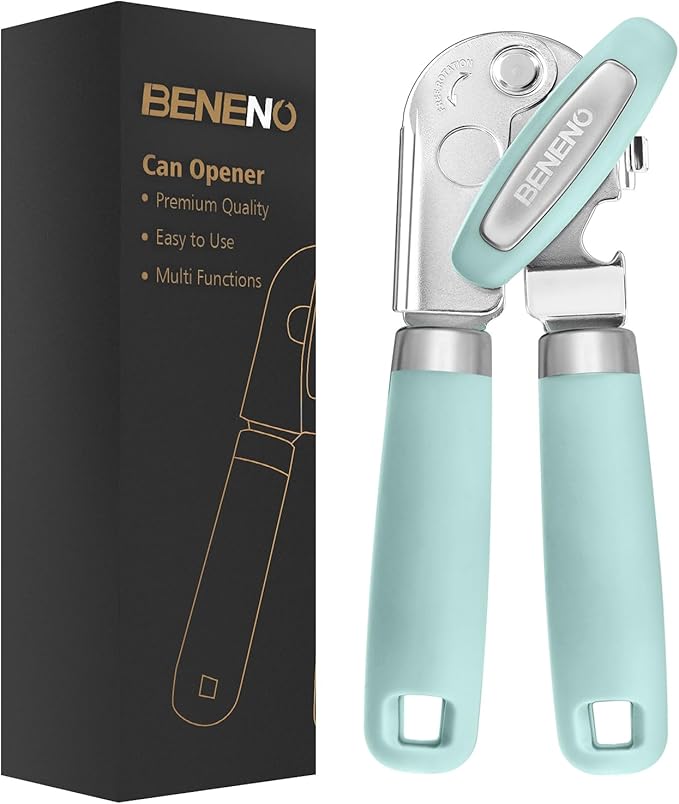 Beneno Heavy Duty Hand Can Opener Manual with Magnet, Durable Sharp Carbon Steel Blade Smooth Cutting, Big Effort-Saving Knob & Soft Grip Handle, Multifunctional Kitchen Tool with Bottle Opener, Mint