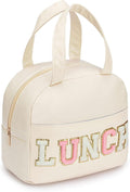 Lunch Bag for Women Insulated For Men PU leather Small Office Work lunch with Chenille Letters Leakproof Freezable Cooler Reusable Portable Box (White)