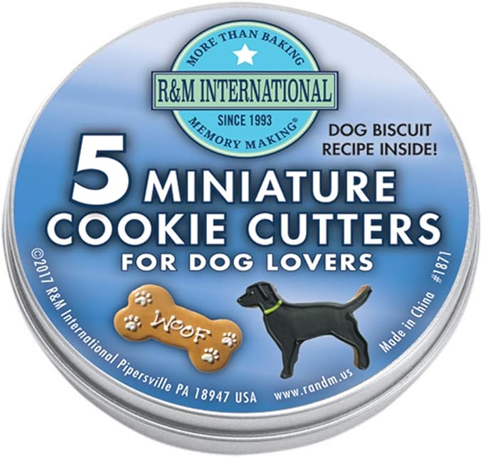 R&M International Mini Dog Cookie Cutters in Storage Tin, Paw, Dog, Fire Hydrant, Bone, House, 5-Piece Set