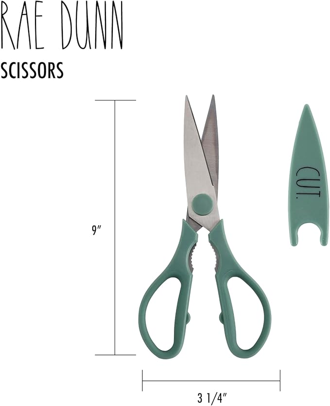 Rae Dunn Kitchen Scissors- Stainless Steel Kitchen Shears, Cooking Scissors for Cutting Meat, Chicken, Herbs and Produce with Blade Cover and Soft Grip Handles (Sage)