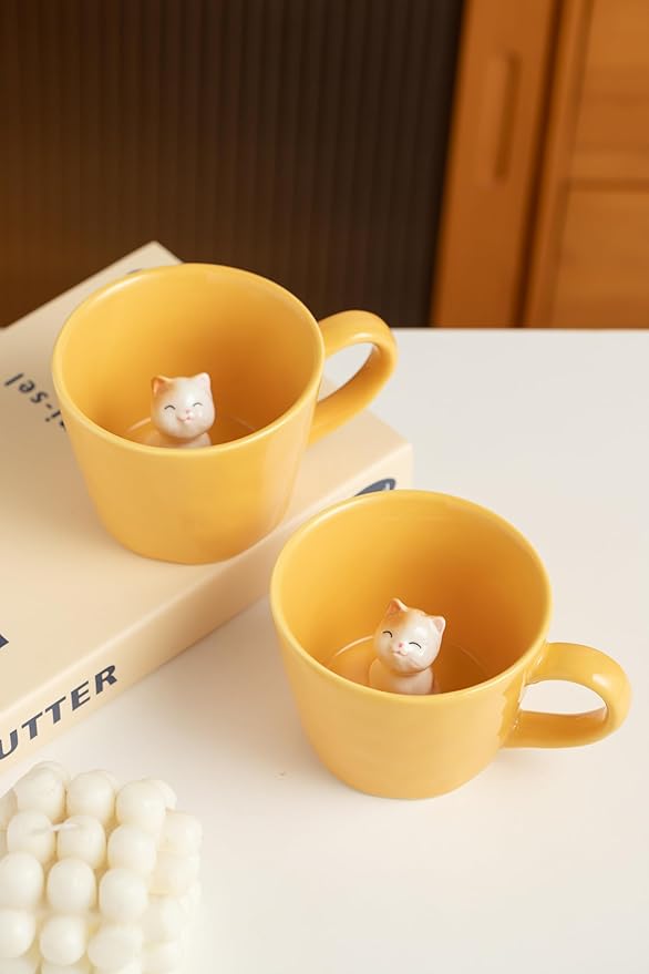 DIHOclub Cat Coffee Cup Hidden Ceramic Animal Inside Mug,Cute Cartoon Handmade Figurine Mugs,Holiday and Birthday Gift for Coffee Milk Tea Lovers,12 Oz(yellow)