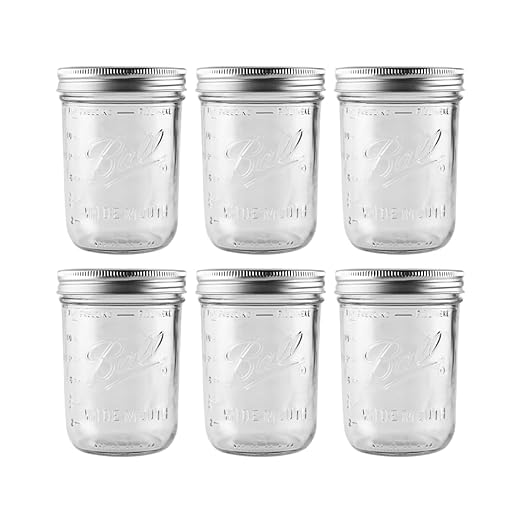 Ball - 16 oz Wide Mouth Glass Mason Jars | 6 Pack Jars with Airtight Lids | Large Glass Jar for Food Storage with Lids | Ideal for Canning, Fermentation, Pickling, Kombucha Brewing