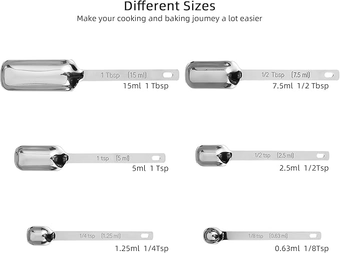 Measuring Spoons Set of 6, 18/8 Stainless Steel Measuring Spoons for Dry & Liquid, Spice Long Handle Tbsp Nesting Measure Spoon for Baking & Kitchen