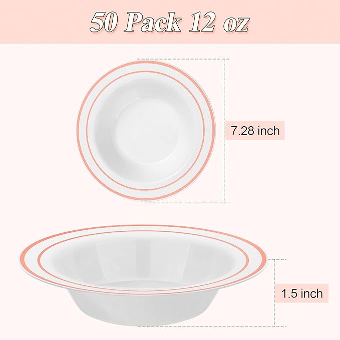 100 Pack Disposable Soup Bowls with Rose Gold Rim, 12oz Premium Heavy Duty Plastic Dinner Bowls for Party, Wedding and Holiday