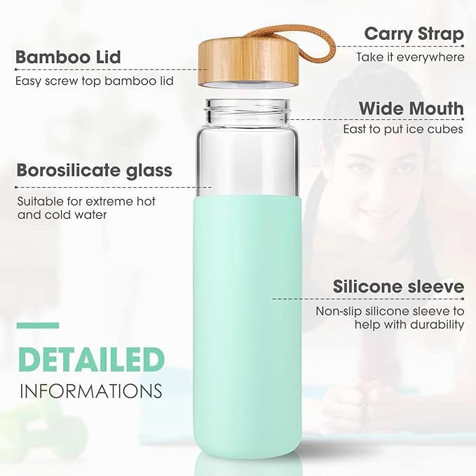 25 Oz Borosilicate Glass Water Bottles with Silicone Sleeve BPA Free, Dishwasher Safe - Reusable Clear Glass Drinking with Leak Proof Bamboo Lid | Perfect Gym Water Bottles for Men & Women