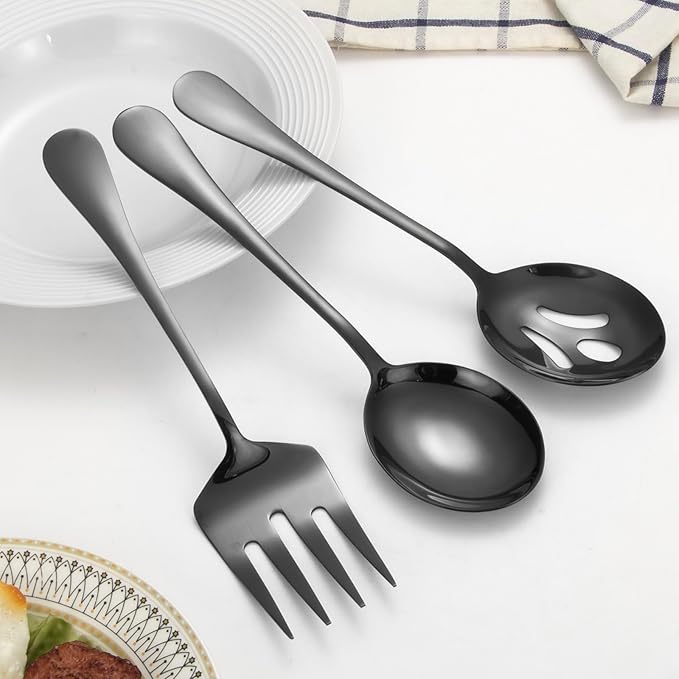 Lazycorner Large Serving Utensils,12 Pcs Stainless Steel Serving Set with Serving Spoons,Serving Fork,Serving Tongs,Polished Serving Utensil Set for Buffet Parties Home,Dishwasher Safe(Black)