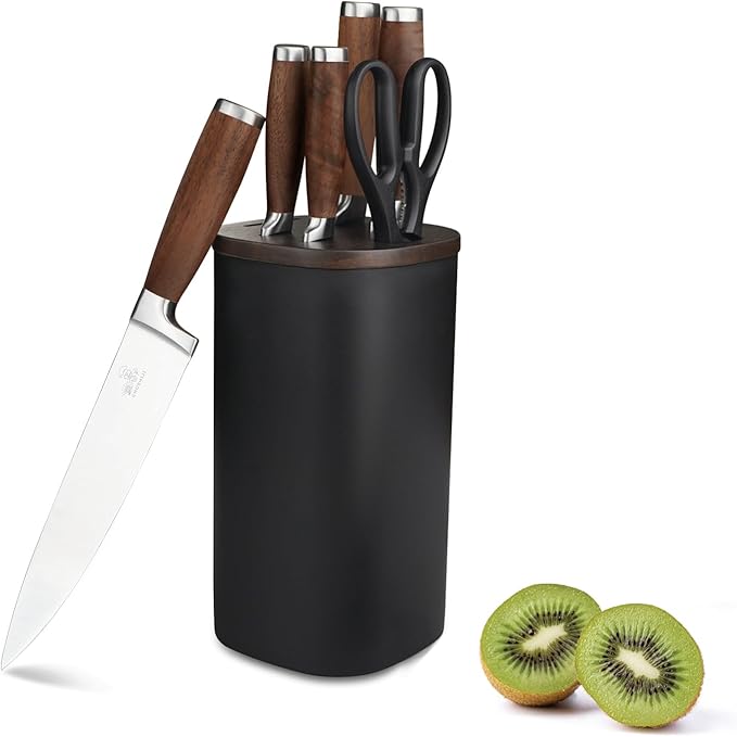 Knife Block Set（Walnut handle）, 7-Piece Black Kitchen Knife Set for Home, Anti-Rust Non-stick Stainless Steel Sharp Chef Knife Set with Universal Knife Block for Kitchen, Ergonomical Design (Black)