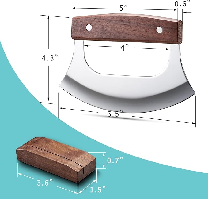 Ulu Knife - Sharp Rocker Mezzaluna Knife with Stand for Cutter Pizza, Meat, Vegetables, Herb, Salad, Stainless Steel Blade, Walnut Wood Handle, Kitchen Essentials Accessories and Gadgets Tools
