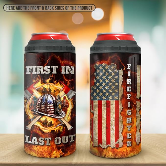 SANDJEST Firefighter Tumbler American Flag 4 in 1 12oz Tumbler Can Cooler Coozie Skinny Stainless Steel Tumbler Gift for Firemen Fire Department Dad Men Father Graduation Retirement
