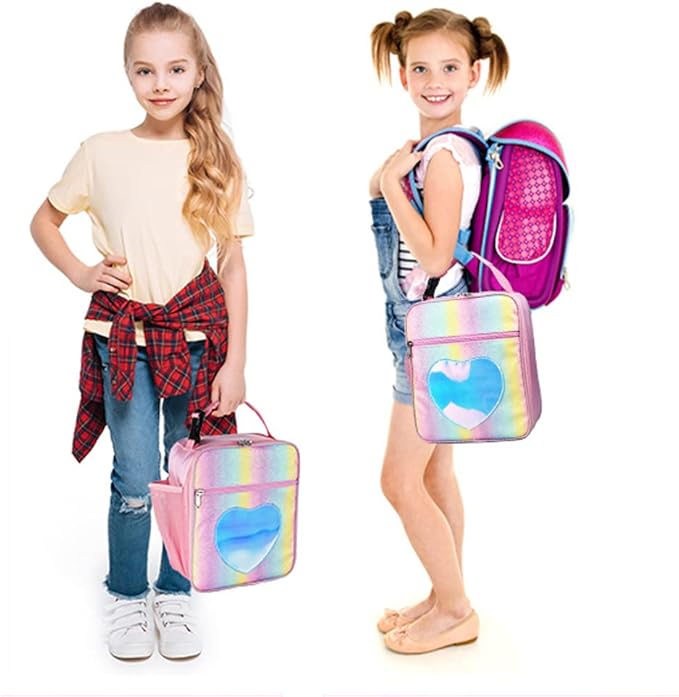 Insulated Lunch Bag, Leakproof Portable Lunch Box for Women Men Boys Girls, Large Capacity Cooler Bag for Office School Camping Hiking Outdoor Beach Picnic (Rainbow Pink)