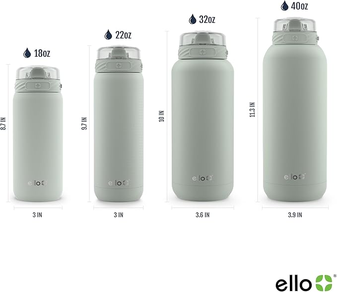 Ello Cooper 22oz Stainless Steel Water Bottle with Straw and Carry Handle, Double Walled and Vacuum Insulated Metal, Leak Proof Locking Lid with Soft Silicone Spout, Reusable, BPA Free, Sage