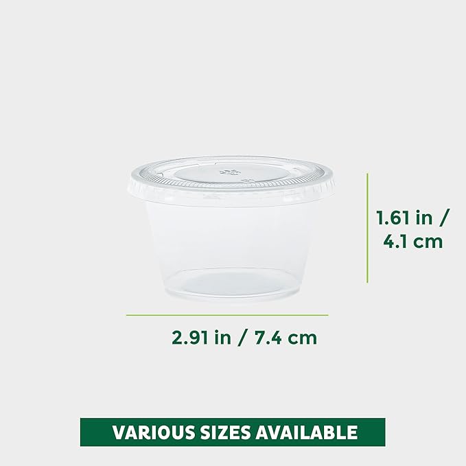 Freshware Plastic Portion Cups with Lids [4-Ounce, 100 Sets] - Souffle, Sampling, Sauce, Snack, Dressing, Jello Shot Cups, Plastic Containers, BPA Free